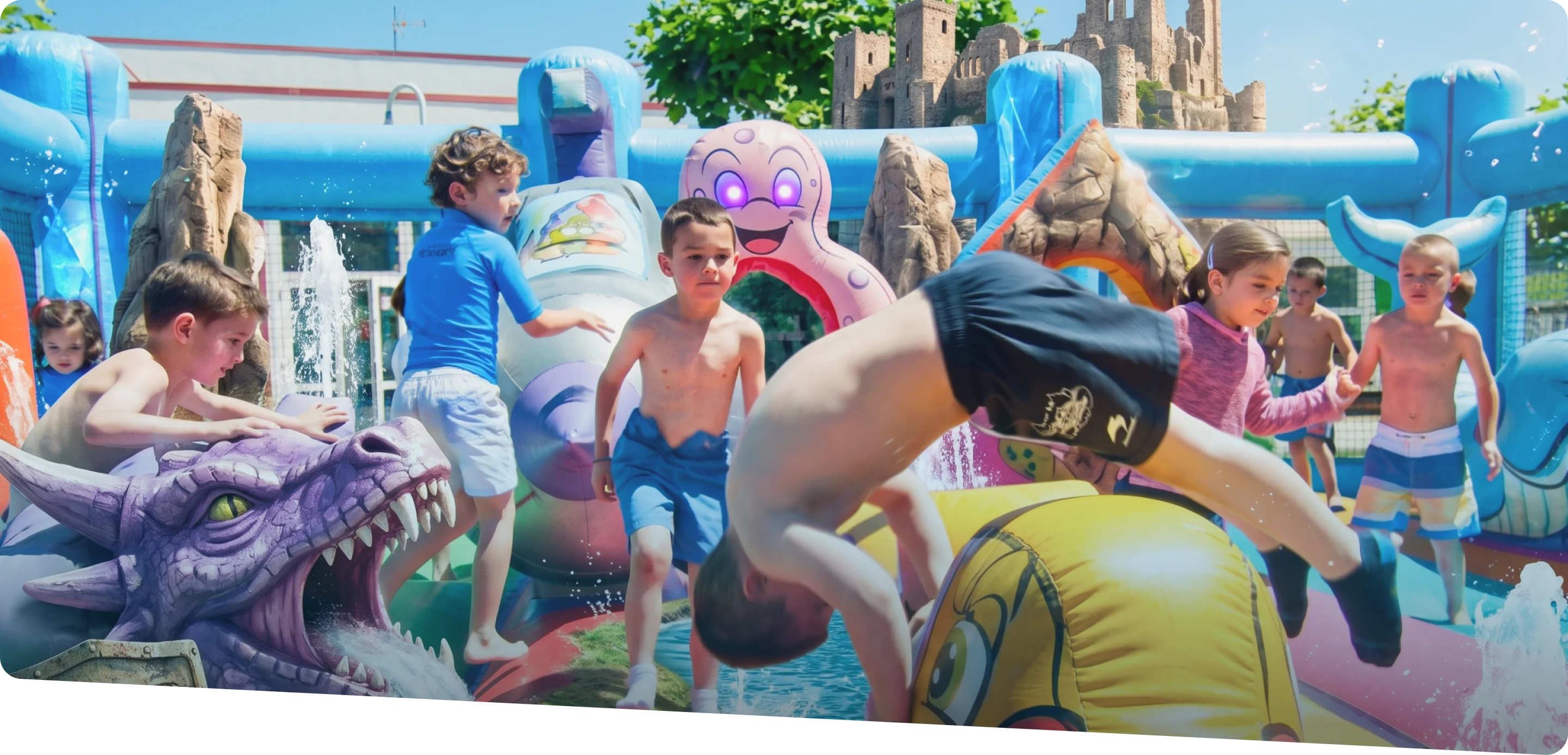Niños disfrutando de atracciones hinchables